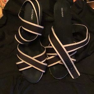 Old Navy ankle wrap wedge heels in Navy/Cream